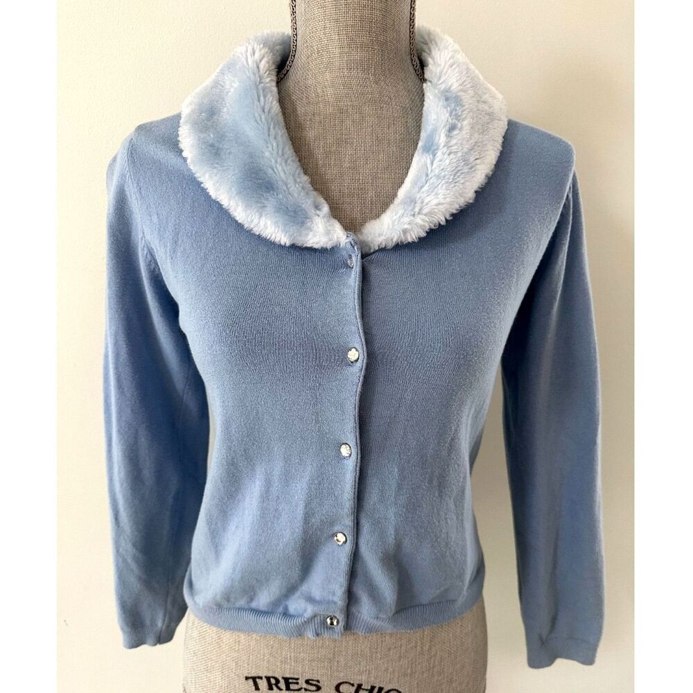 Children's Place Pastel Blue Cardigan Sweater with Faux Fur Collar Girls 12/14